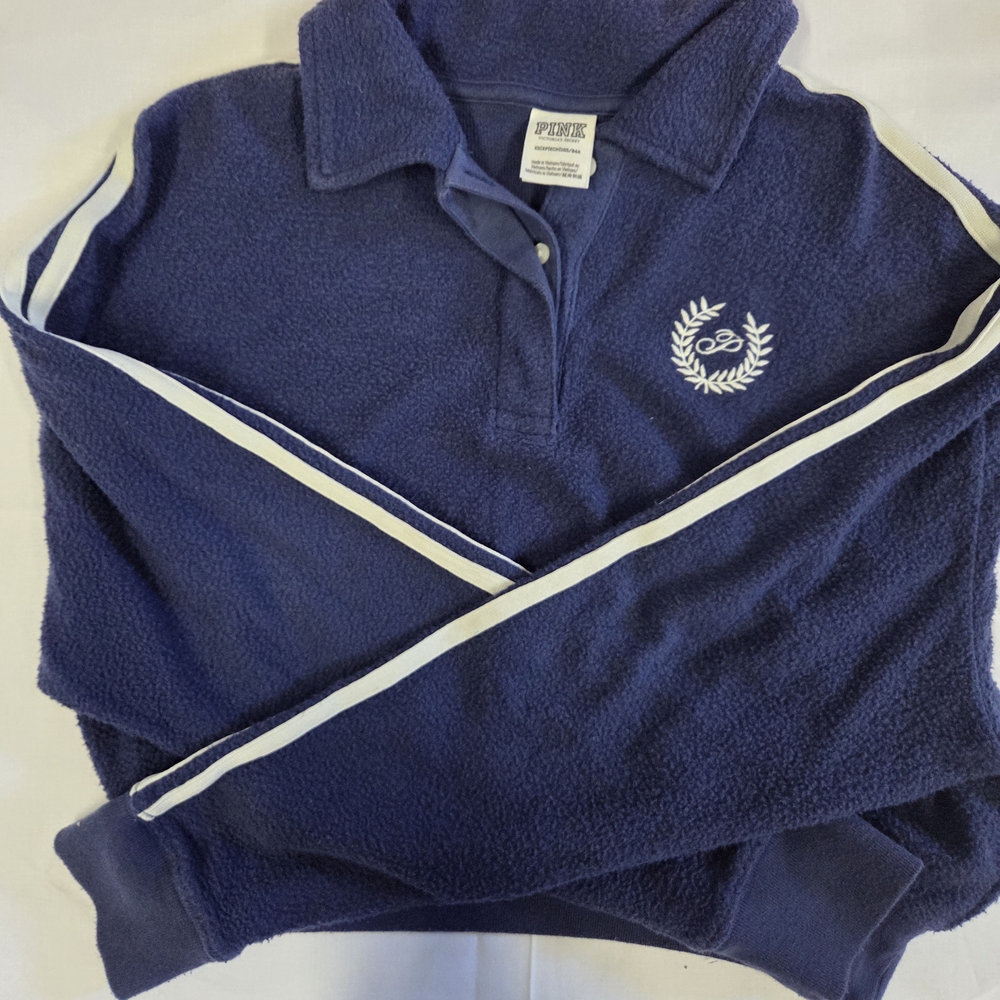Victoria's Secret Pink Reverse Fleece Cropped Polo Sweatshirt Navy